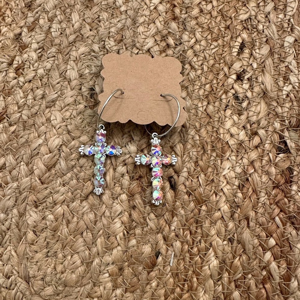 New, handmade Aurora borealis cross earrings on silver tone hoops